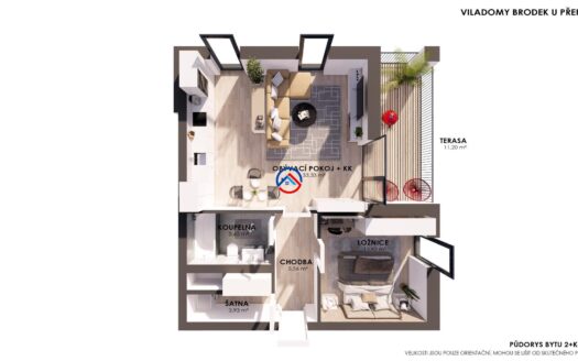 Pronájem vybaveného bytu 2+kk s terasou, A2C, Brodek u Přerova